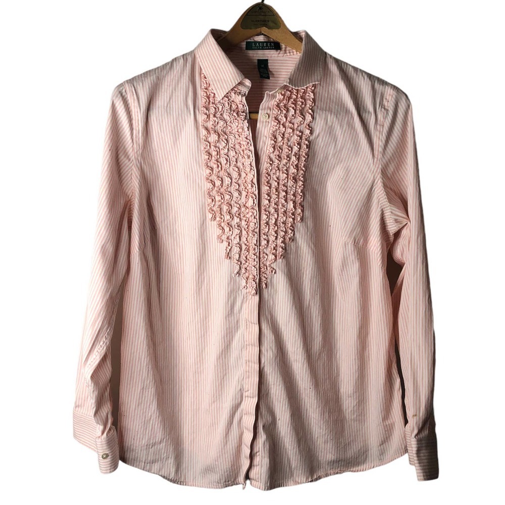 Lauren Ralph Lauren Pink Striped Ruffle Front Blouse Size 1X